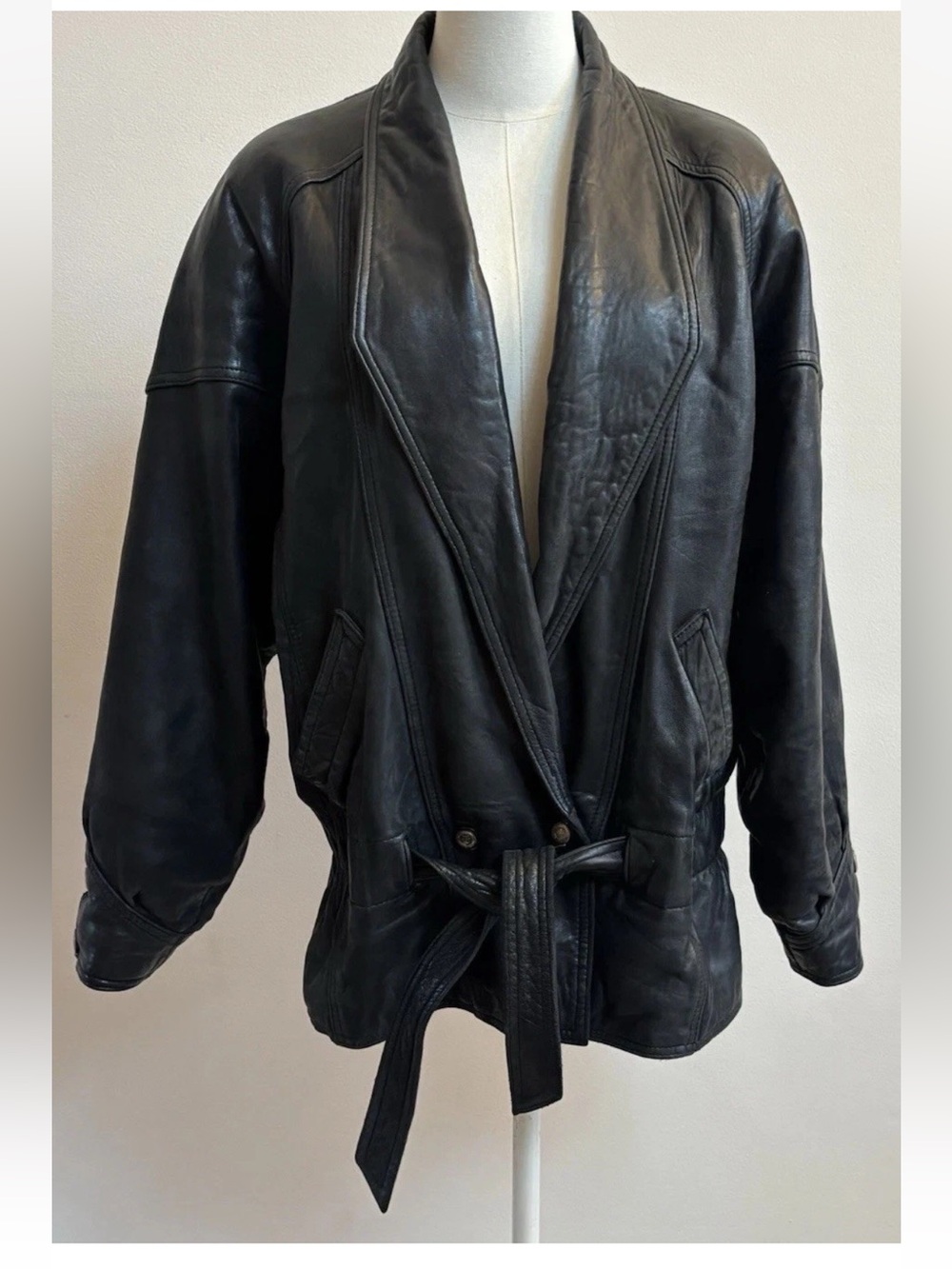 Vintage Black Genuine Leather Belted Jacket Women M